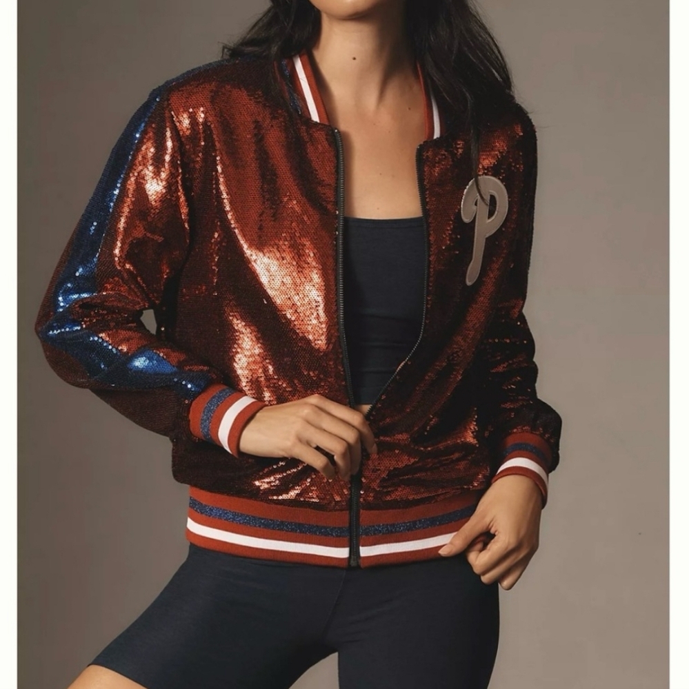 Anthropologie x Philadelphia Phillies New Sequin Bomber Jacket Large L - Picture 3 of 9